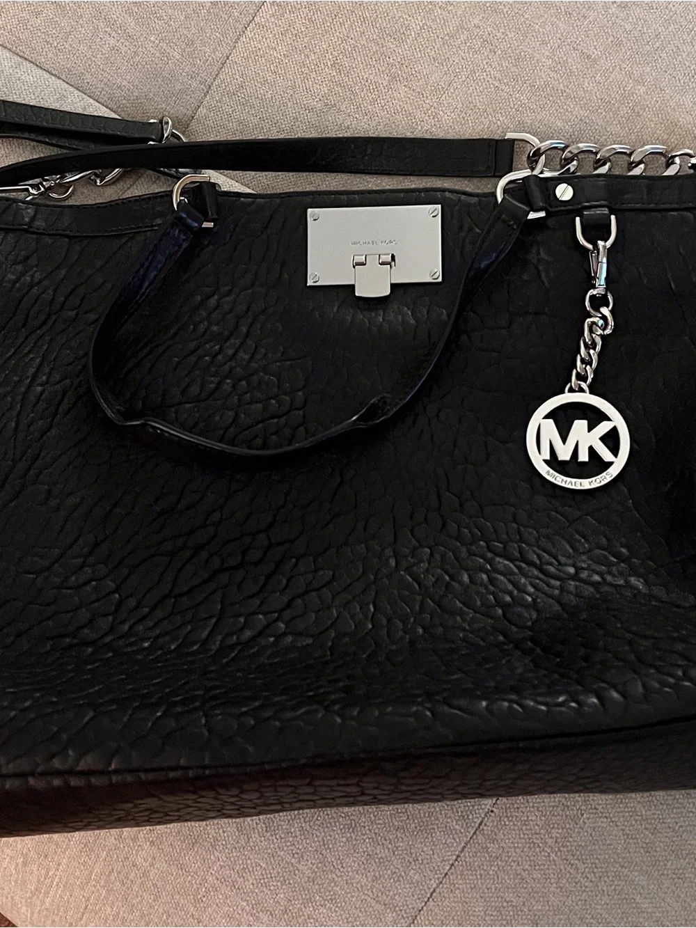 Michael Kors Black Shoulder Bag with Silver Hardware and MK Charm